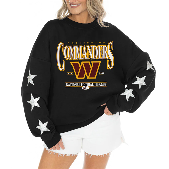 Women's Black Washington Commanders Gameday Couture Rhinestone Star Sleeve Settle the Score Oversized Tri-Blend Pullover(Run Small)